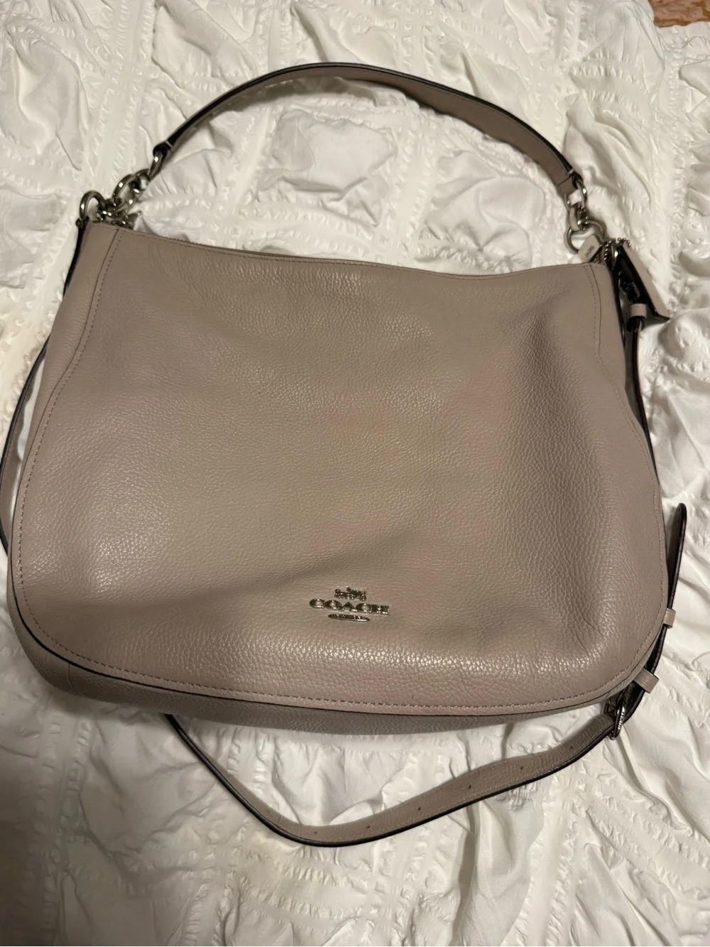 Coach Pebbled Leather Shoulder Bag in Light Taupe - Elle Hobo Bag